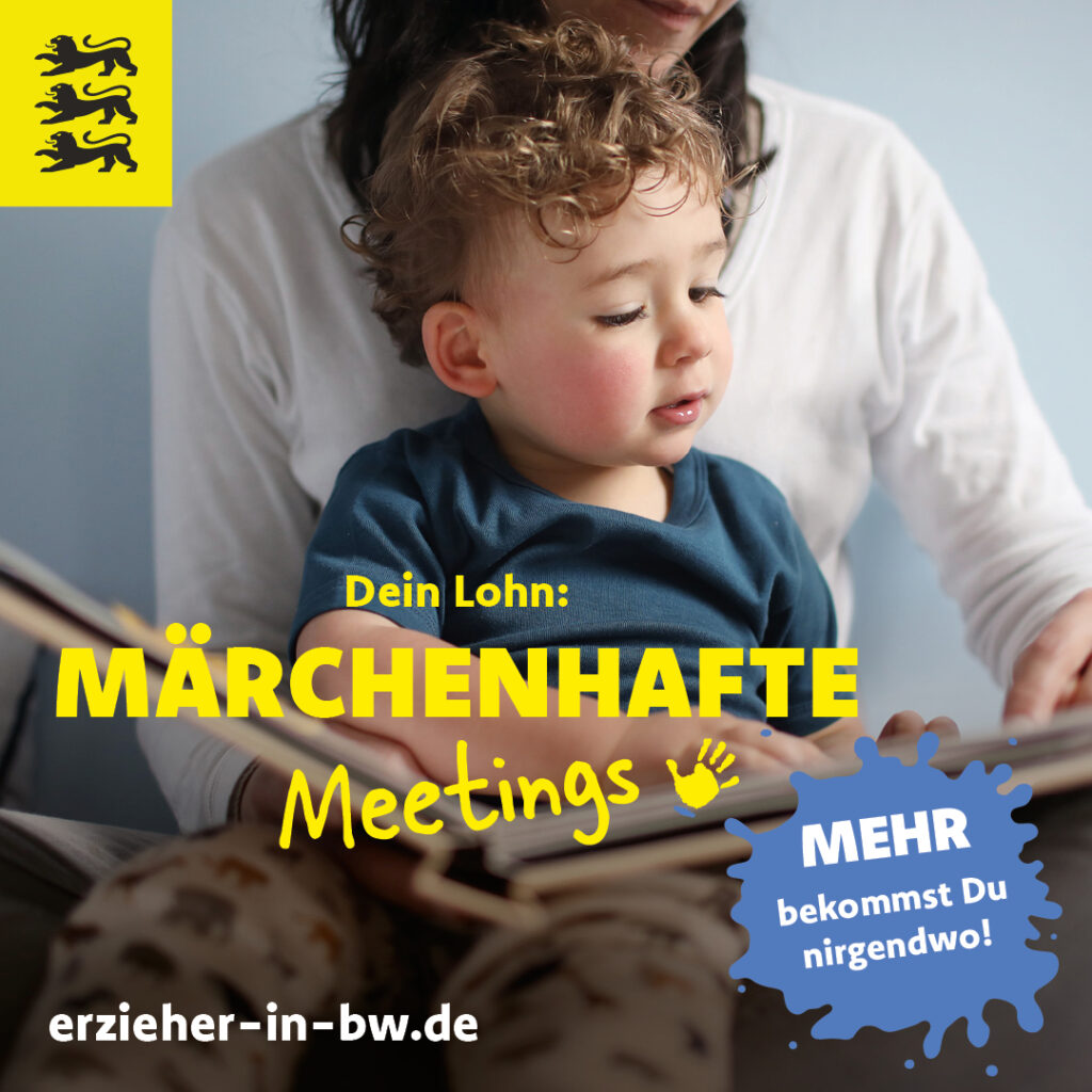 Ein kleiner Junge schaut sich mit einer Frau zusammen ein Bilderbuch an. Auf dem Bild ist der Schriftzug "Dein Lohn: märchenhafte Meetings" abgebildet.